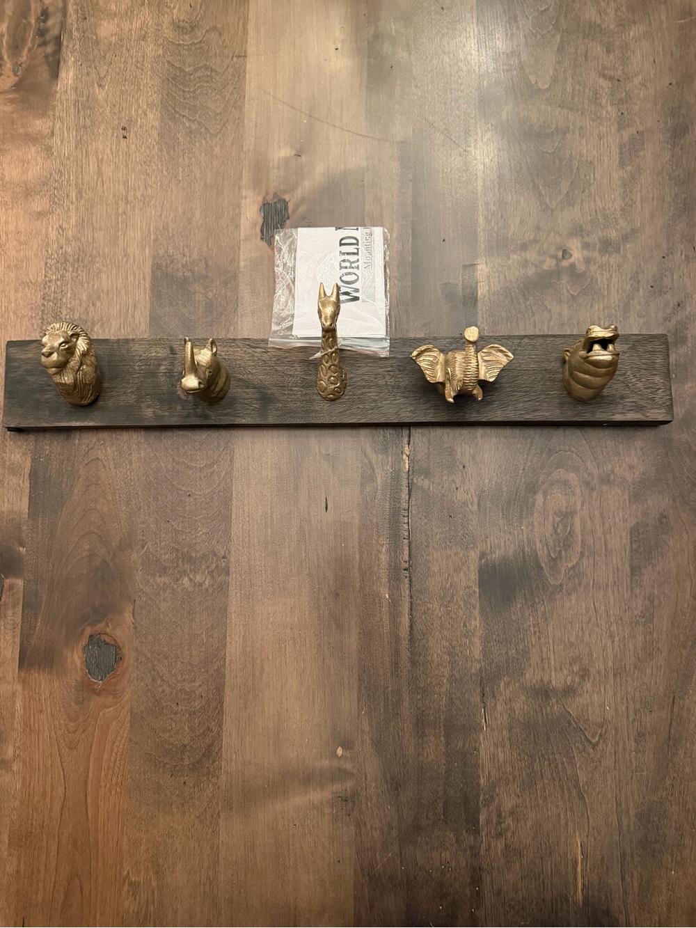 World Market Brass Safari Animal Wood Wall Hook Rack 5 Hooks